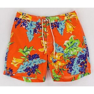 Polo Ralph Lauren Swim Trunks Mens Medium Orange Floral Hawaiian Lined Beach